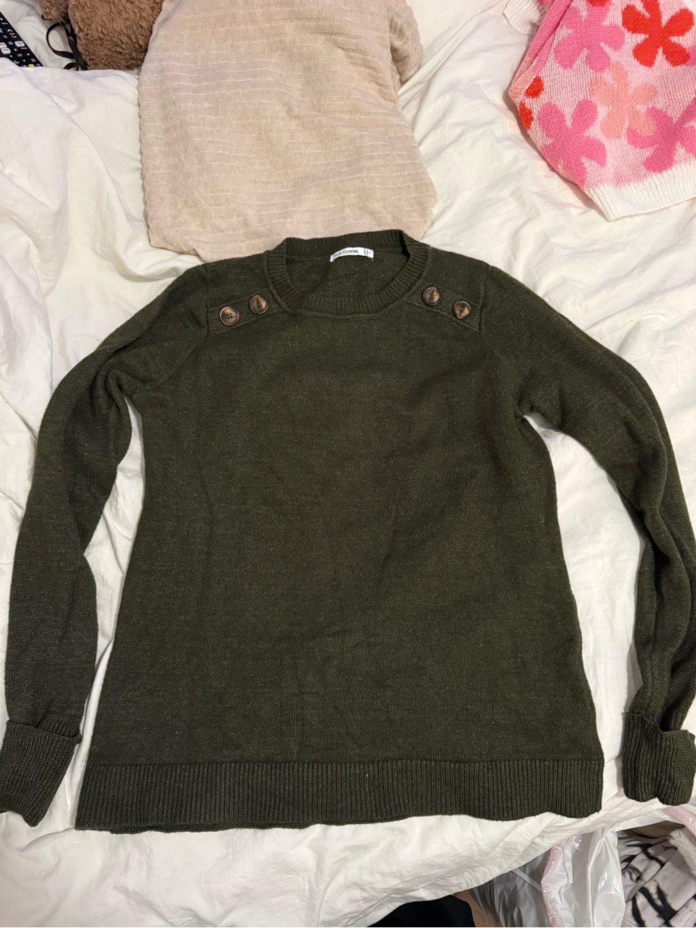 Pink Clover Olive Green Crewneck Sweater with Shoulder Buttons